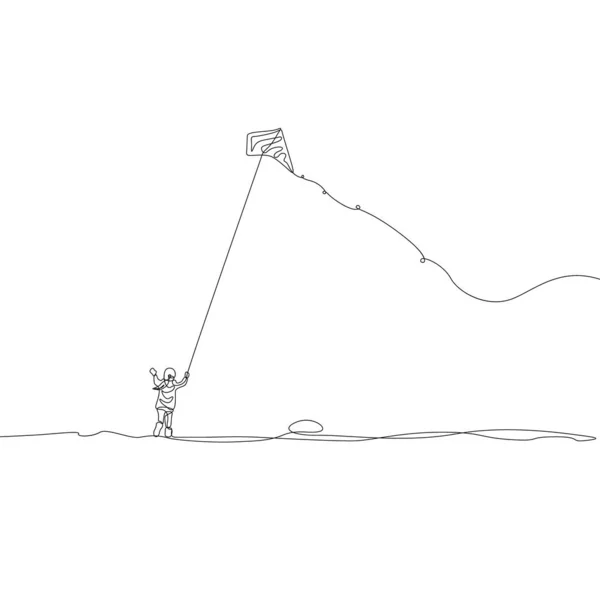 フライングカイト マカール サンクランティで幸せな男を描く連続線 ベクトルイラスト — ストックベクタ