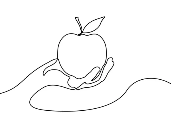 Συνεχή Γραμμή Μήλο Στο Χέρι Απεικόνιση Διανυσματικών Φορέων — Διανυσματικό Αρχείο