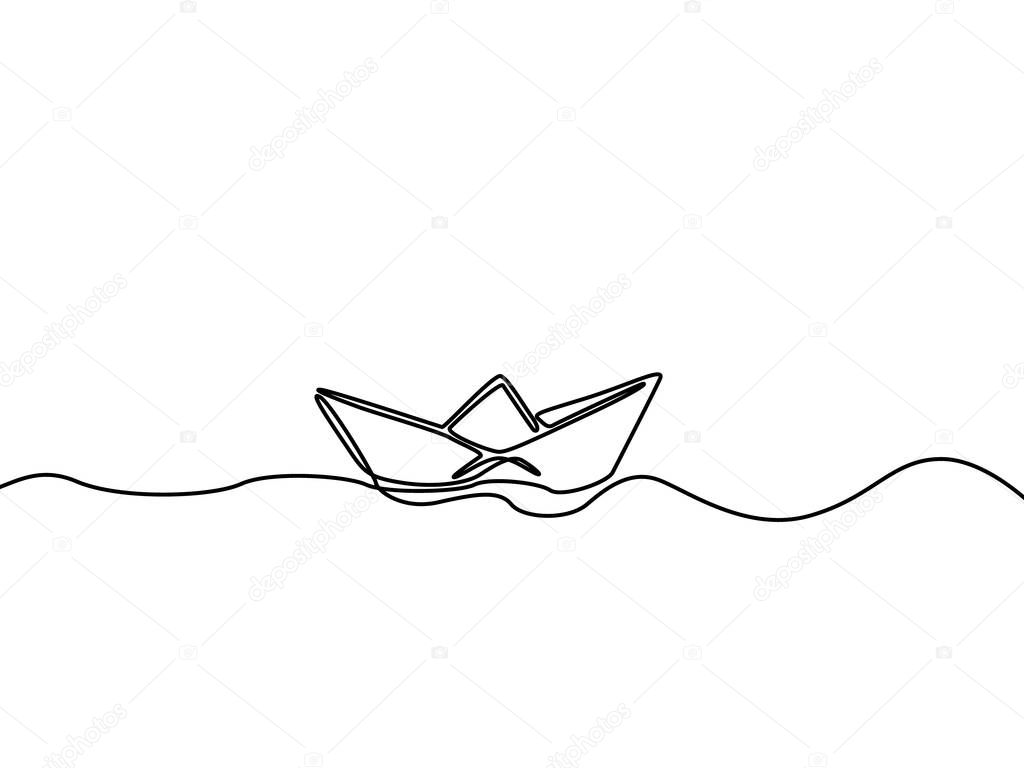 One continuous line paper ship isolated on white background. Vector illustration.