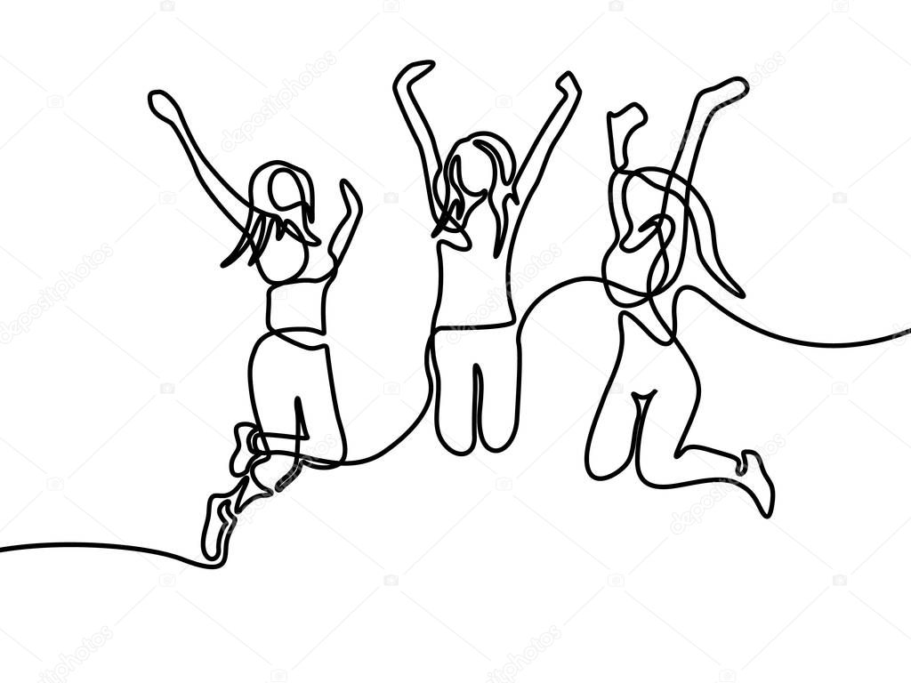 Continuous line drawing Group of girls jumping. Vector illustration.