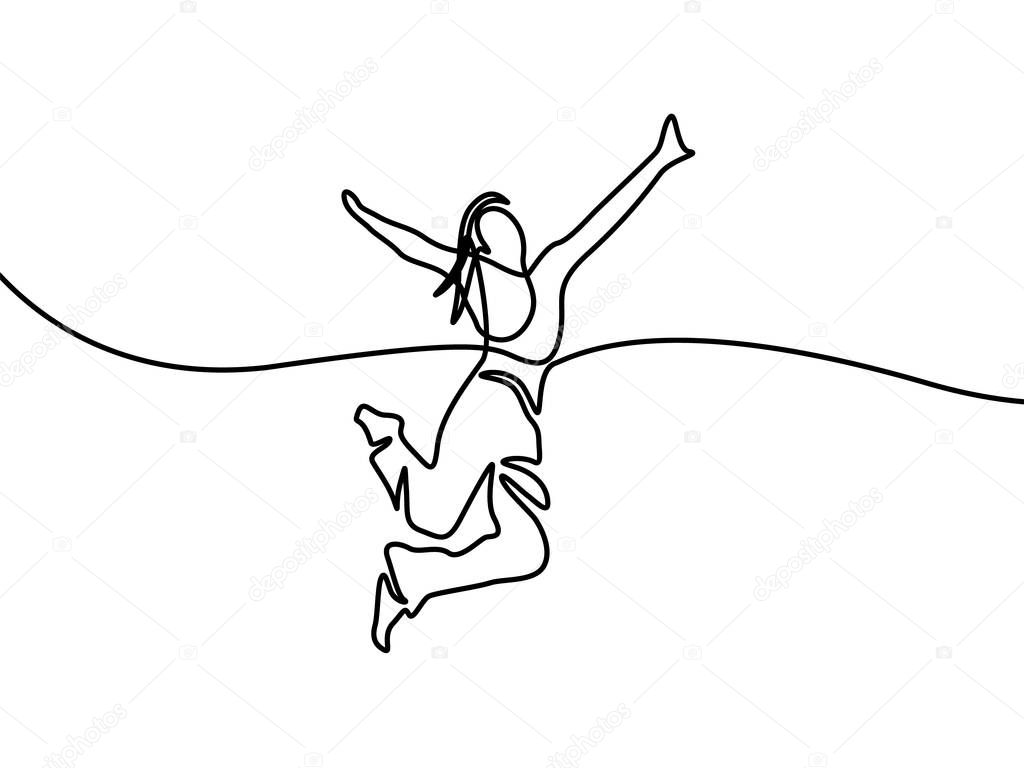 Gitl jumping for happy. Continuous line drawing. Vector illustration.