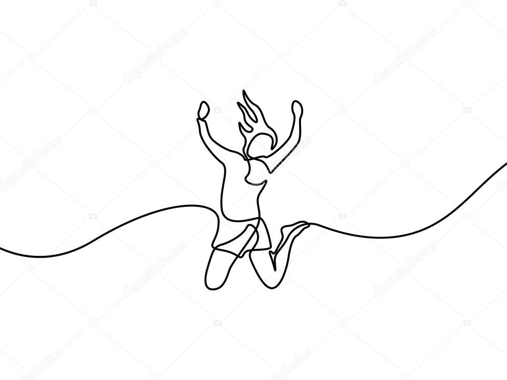 Continuous line drawing Woman jumps for happy. Vector illustration.