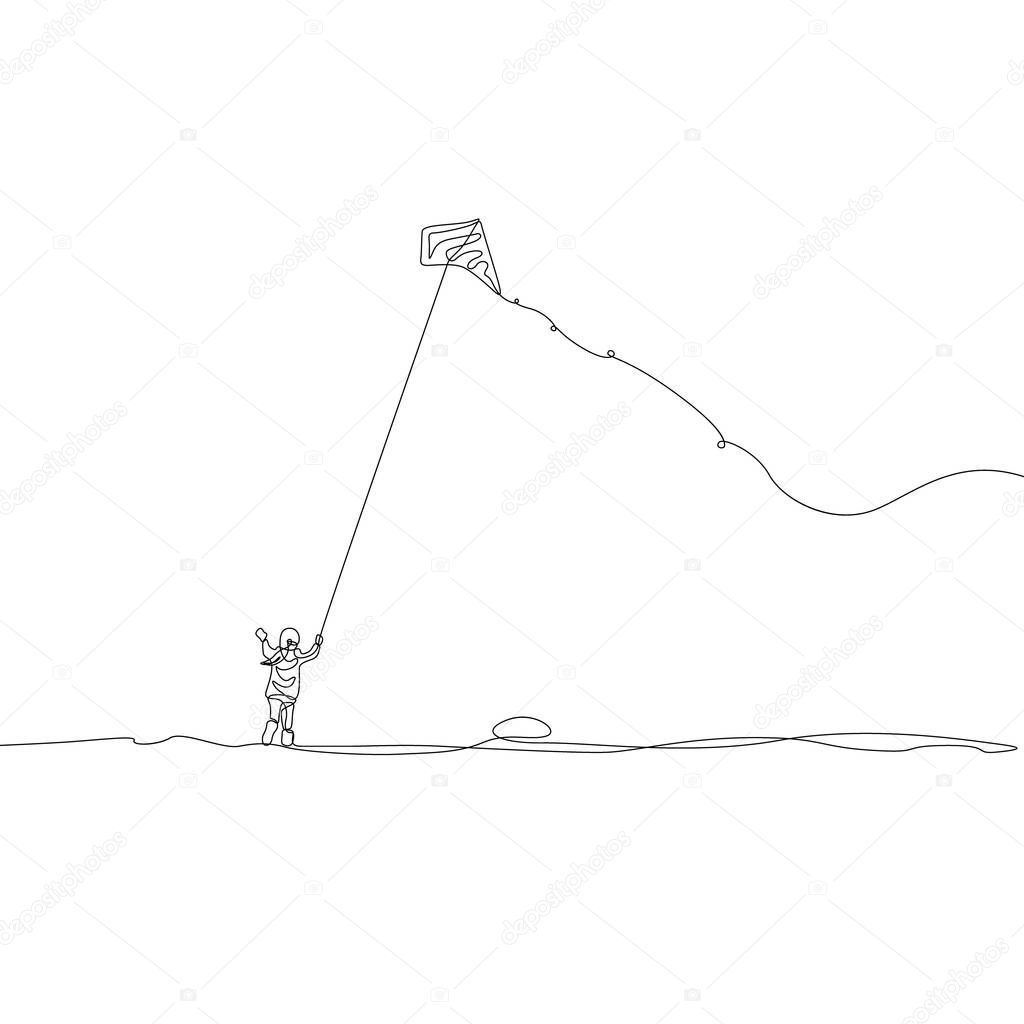 Continuous line drawing happy man with flying kite, Makar Sankranti. Vector illustration.