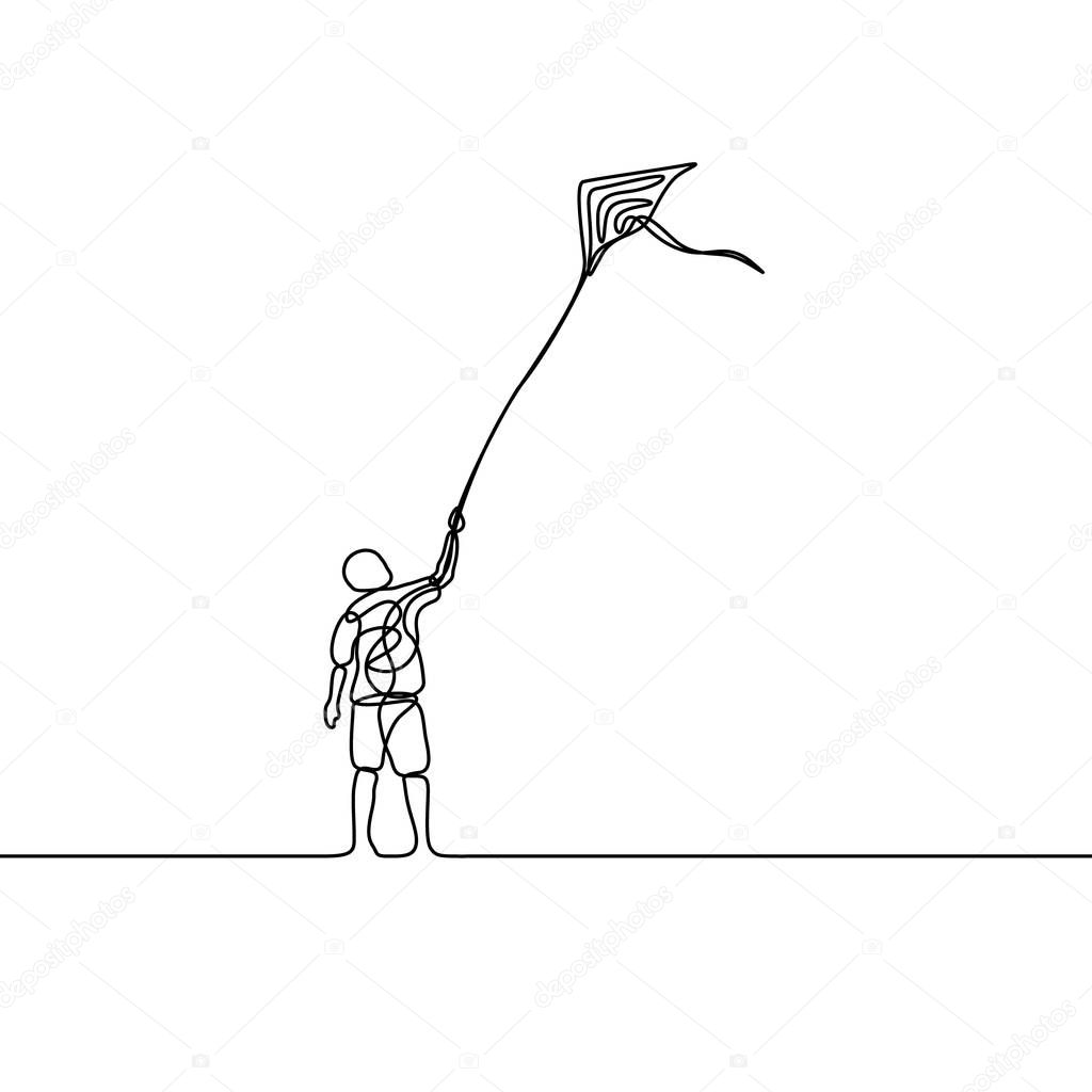 Continuous line drawing Makar Sankranti, man with fly kite. Vector illustration.