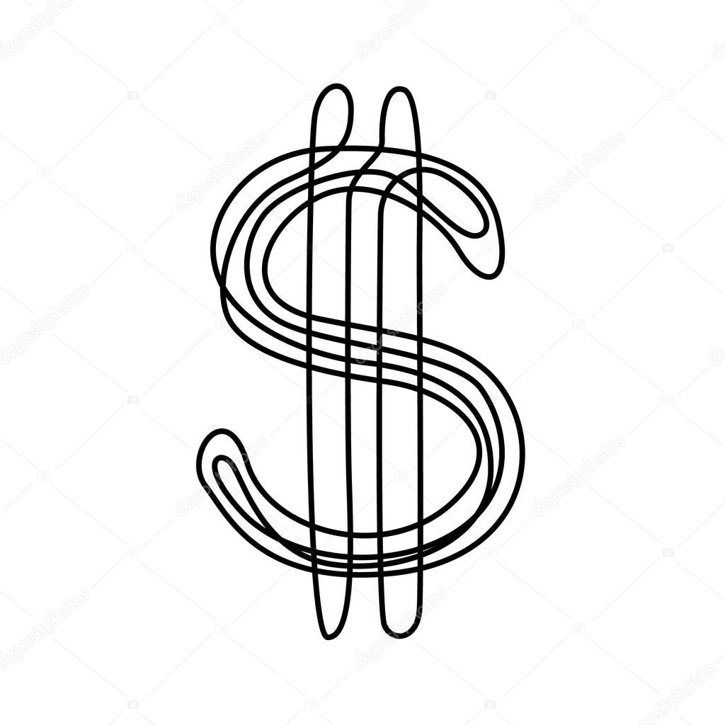 Continuous line drawing Dollar sign. Vector illustration.
