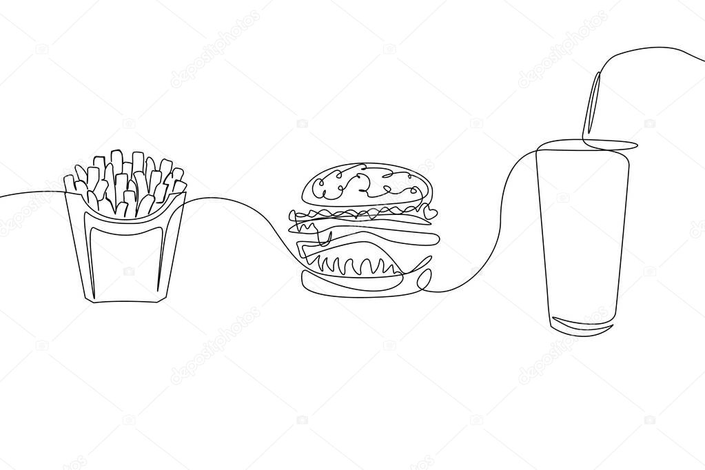 Continuous one line drawing fastfood: French fries, hamburger and a glass of soda