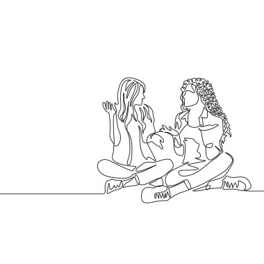 Continuous one line drawing two womans sitting cross-legged and talking  clipart