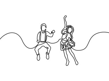 Sürekli çizgi kız ve erkek mutlu için atlama. Vektör çizimi.