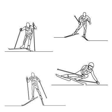Kayakçıların sürekli hat seti. Bir çizgi çizimi. Vektör.