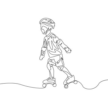 Sürekli bir çizgi çizim çocuk korumak giysiler rollerblading. Spor, eğlence, dostluk, dinlenmek, hobi teması.