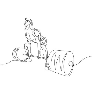 Sürekli bir çizgi çizim vücut geliştirmeci deadlift gerçekleştirmek. Powerlifting, spor teması.