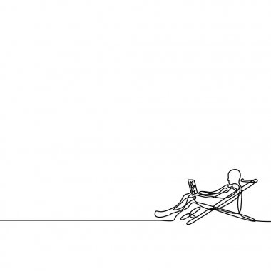 Bir çizgi adam serbest bir dizüstü bilgisayar ile çalışan bir şezlong üzerinde yalan