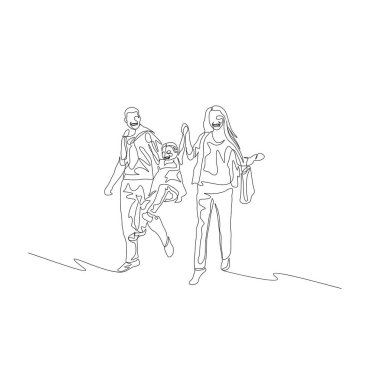 Sürekli bir satır mutlu aile birlikte yürüyüş ve elele ve sallanan kızı