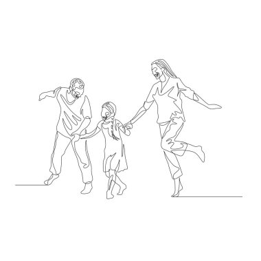 Bir çizgi aile birlikte yürüyüş ve elele ve oyun