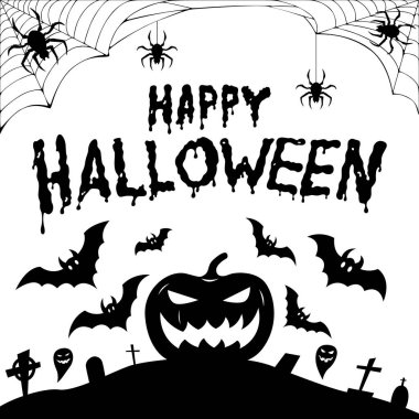 Büyük bir balkabağı, hayaletler, yarasalar ve örümcekler web, Cadılar Bayramı tasarımı ile Mezarlık. Vektör çizimi.