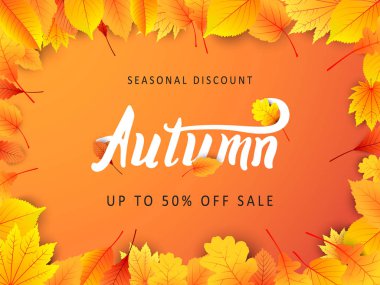 Alışveriş satış veya promosyon posteri için yaprakları ile Sonbahar satış vektör afiş arka plan. Vektör