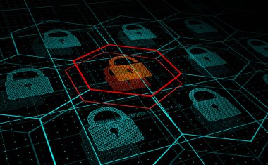 Siber saldırı, tehdit altındaki sistem, Ddos saldırısı. Kamera Hud mavi altıgenleri ve asma kilitleri altdalga yaslayarak uçuyor, ama biri hacklenmiş. Siber güvenlik ve hack konsepti. Vektör çizimi.