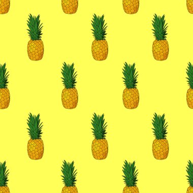 Ananas dikişsiz desen, vektör. Sarı arka plan.