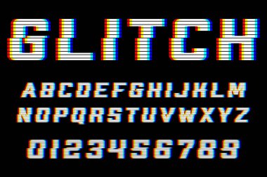 Glitch alfabesi. Distorsiyon etkisi olan yazı tipi. Elektronik satış için mektuplar ve numaralar. Aksaklık etkisi. Yeşil ve kırmızı kanallar.
