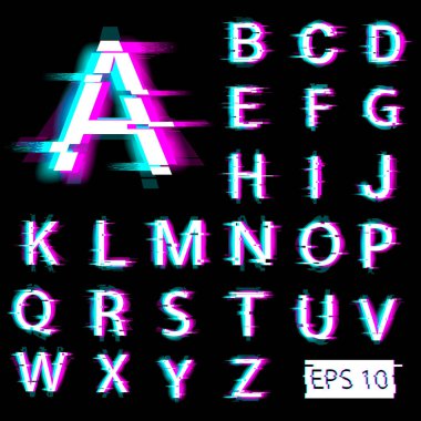 Glitch İngilizce alfabesi. Bozuk piksel efektli bozuk harfler. Vektör. Eps 10.