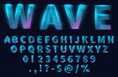 Fütüristik retrowave yazı tipi. Hud hologram harfleri, sayılar ve semboller, synthwave ve retrowave müzik