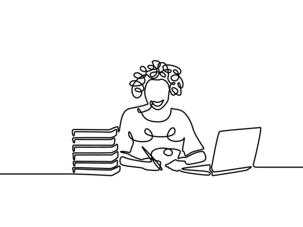Eine Zeile Lockiges Mädchen Schreiben Und Lernen Mit Hilfe Laptop — Stockvektor
