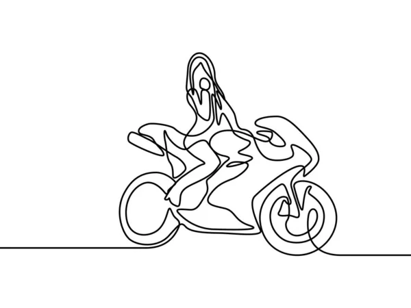 Mulher Linha Contínua Sentado Uma Motocicleta Ilustração Vetorial —  Vetores de Stock