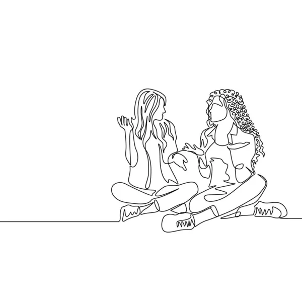 Непрерывная Одна Линия Изображающая Двух Женщин Сидящих Скрещенными Ногами Говорящих — стоковый вектор