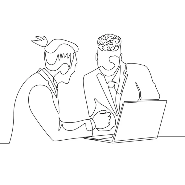 Continuous One Line Drawing Two Businessman Work Together With Help Laptop Stock Images Page Everypixel