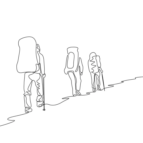 连续一行绘制三名游客徒步旅行 — 图库矢量图片