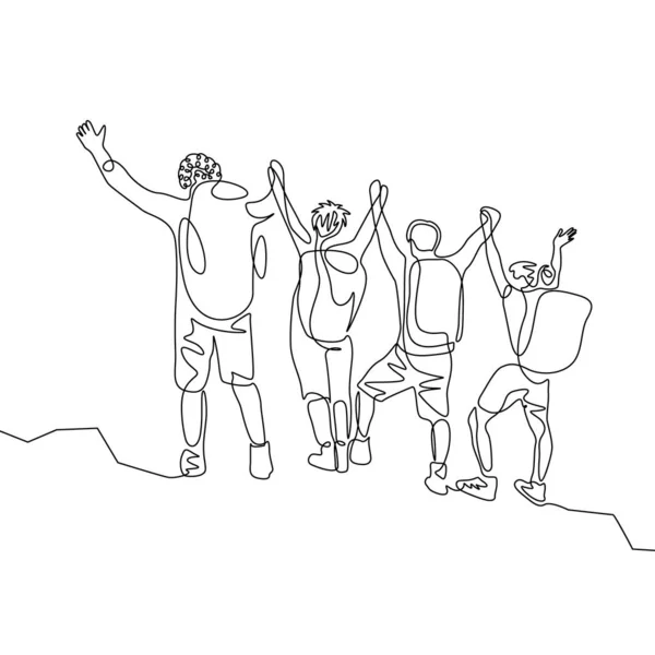 Yürüyüş sırt çantaları ile gezginler sürekli bir çizgi çizim grubu hedefe ulaşmak. Takım çalışması konsepti