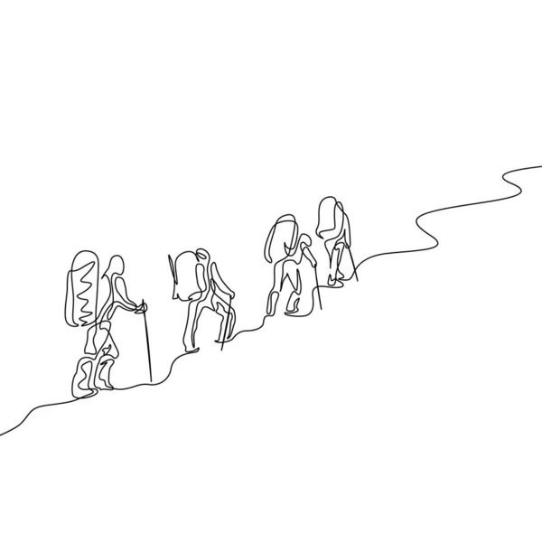Безперервна Група Малювання Однієї Лінії Чотирьох Мандрівників Ходять Горах — стоковий вектор