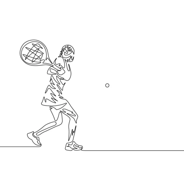 Безперервна Одна Лінія Малювання Жінки Тенісистка Гойдається Щоб Вдарити Ячу — стоковий вектор