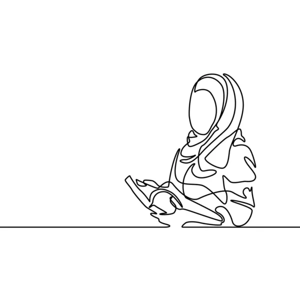 Linha Contínua Desenhando Mulher Islâmica Com Livro Ilustração Vetorial — Vetor de Stock