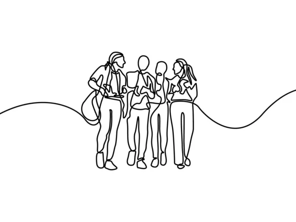 Sürekli konuşan öğrenciler grubu. Üniversitenin ilk günü. Vektör çizimi.