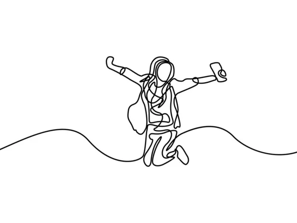 Línea Continua Feliz Estudiante Chica Saltando Primer Día Universidad Ilustración — Vector de stock