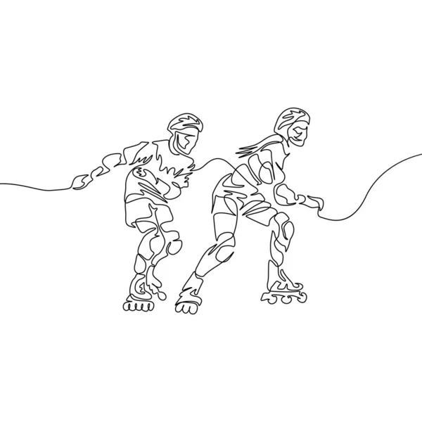 Sürekli Bir Çizgi Çizim Çift Rollerblading Spor Eğlence Dostluk Dinlenmek — Stok Vektör