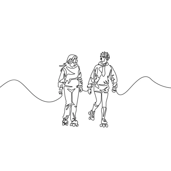 Ciągłe Jeden Rysunek Linii Przyjaciół Rollerblading Dwie Dziewczyny Rollerblading Sport — Wektor stockowy