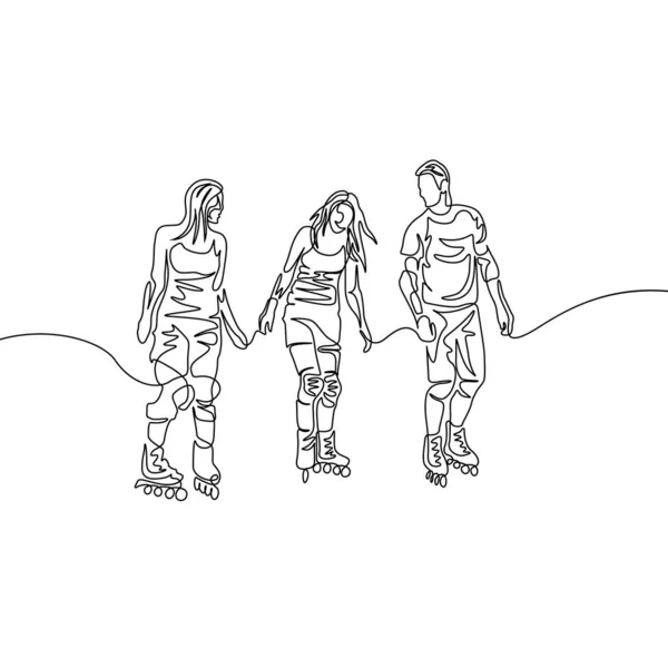 Continuous one line drawing group of friends rollerblading. Sport, recreation, friendship, relax, hobby theme.