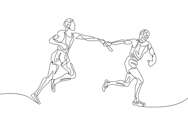 Doorlopende Één Lijntekening Relay Race Runner Passeert Baton Teamwork Concept — Stockvector