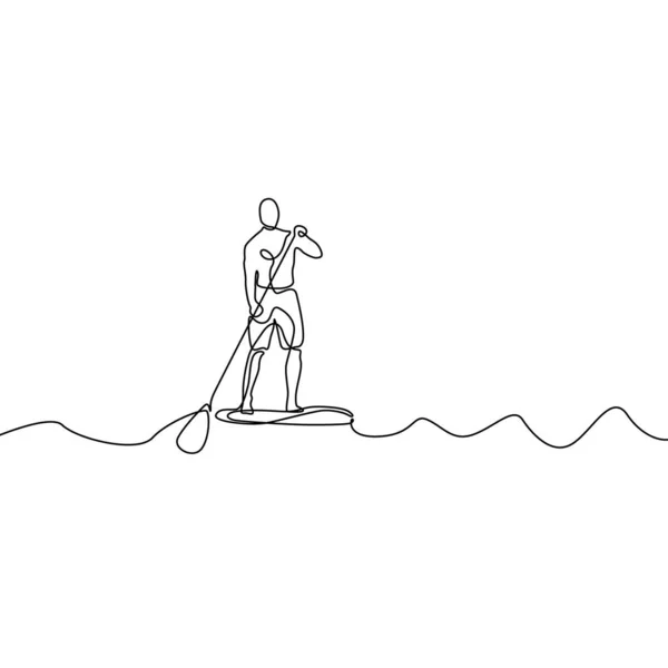 Непрерывный Линейный Человек Стоящий Веслах Векторная Иллюстрация — стоковый вектор