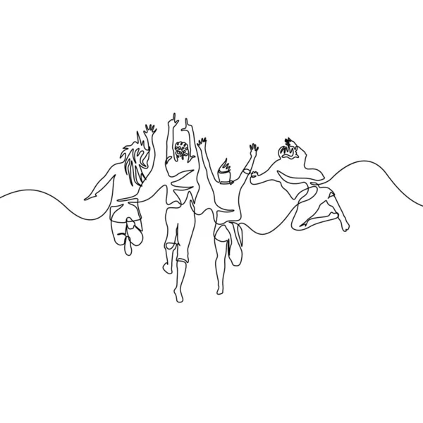 Непрерывный Одной Линии Рисования Группы Прыжки Друзей — стоковый вектор