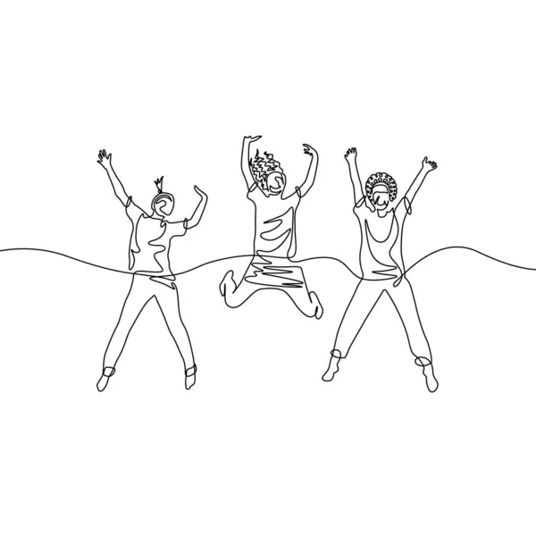 Continuo Dibujo Una Línea Tres Chicas Saltando — Vector de stock