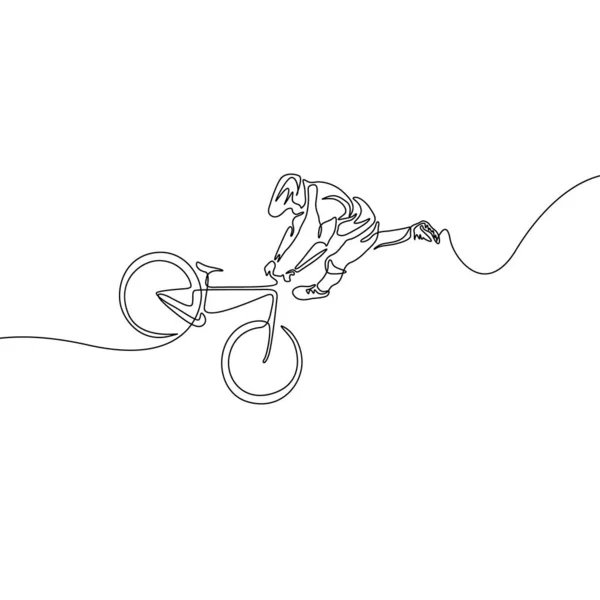Bir Kask Sürekli Bir Çizgi Bisikletçi Bisiklet Üzerinde Bir Hile — Stok Vektör
