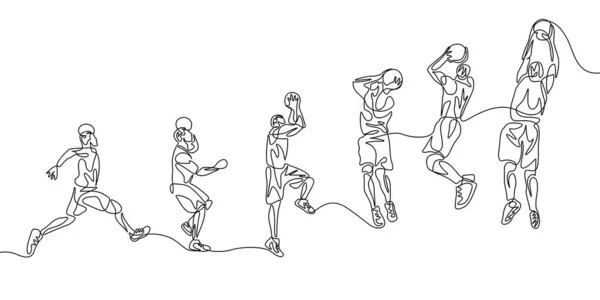 Непрерывный Баскетболист Одной Линии Шаг Шагом Делает Слэм Данк — стоковый вектор