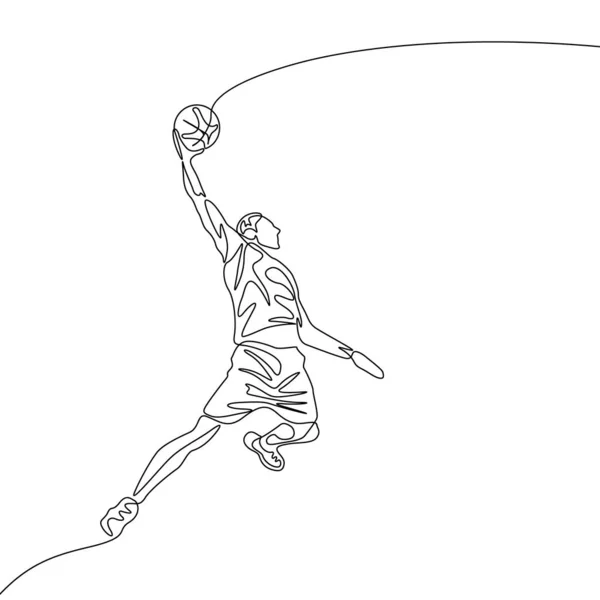 Kontinuierliche Eine Linie Zeichnung Basketballspieler Springt Dabei Slam Dunk — Stockvektor