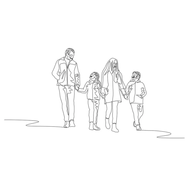 Continuo Una Línea Feliz Familia Caminando Juntos Sosteniendo Las Manos — Vector de stock