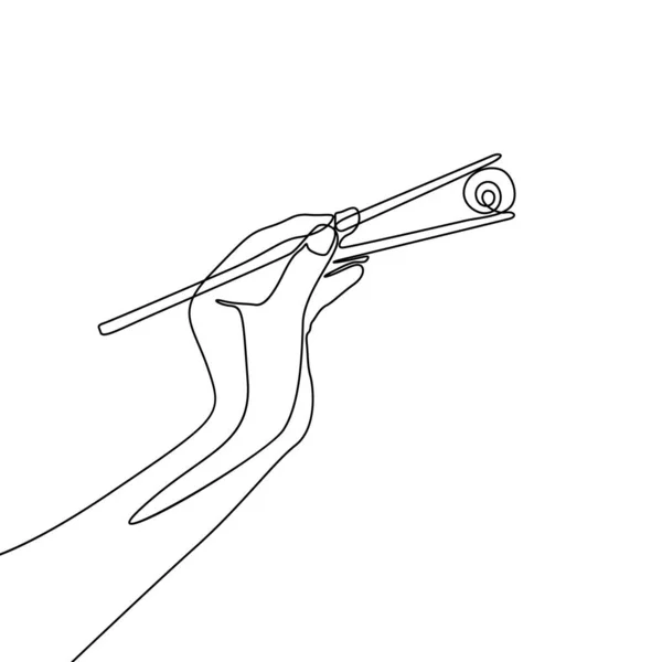 Безперервна Рука Однієї Лінії Тримає Зубну Паличку Щоб Їсти Суші — стоковий вектор