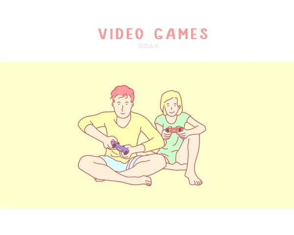 Pareja Joven Jugando Videojuegos Mano Dibujado Estilo Vector Doodle Diseño — Vector de stock