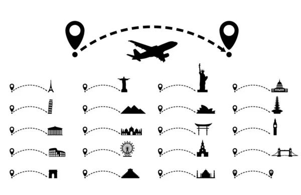 Sendero Línea Punteada Con Puntero Mapa Atracción Cultural Concepto Viaje — Vector de stock